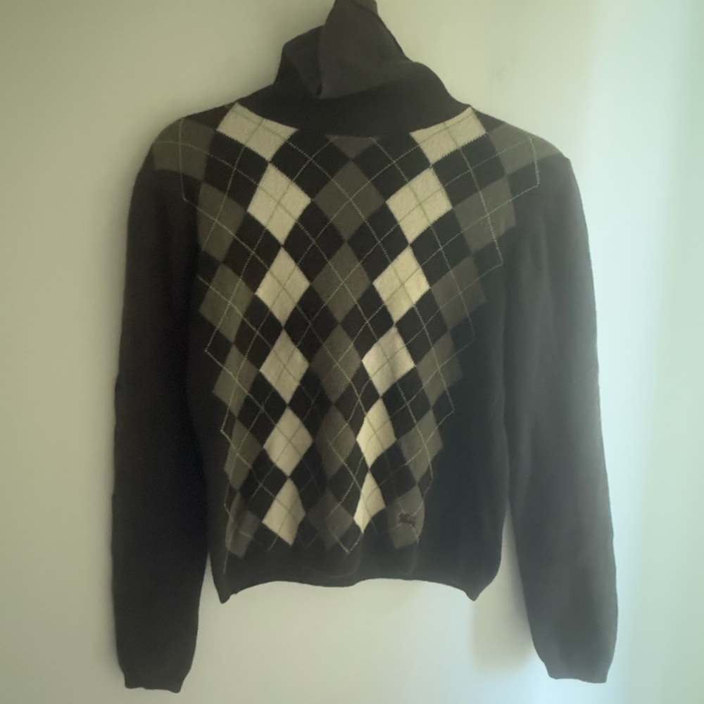 BURBERRY 100% Wool Argyll Turtleneck Sweater • Size M • Green/Cream EUC
